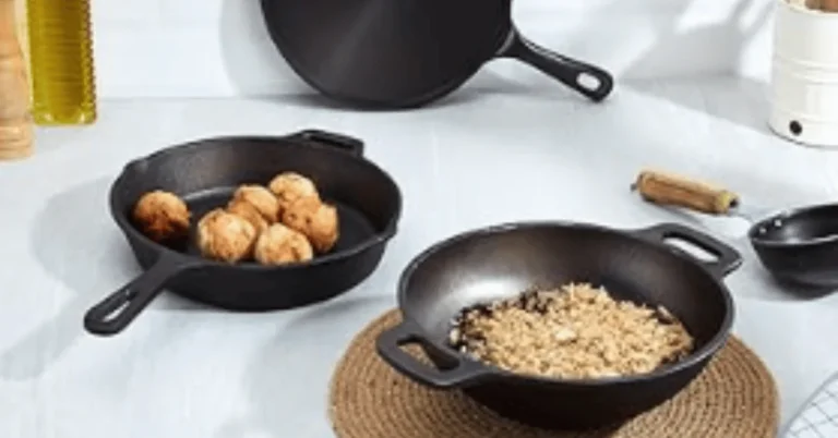 Wok and Pan on a kitchen counter with food inside, including a skillet with fried balls and a pan with cooked grains.
