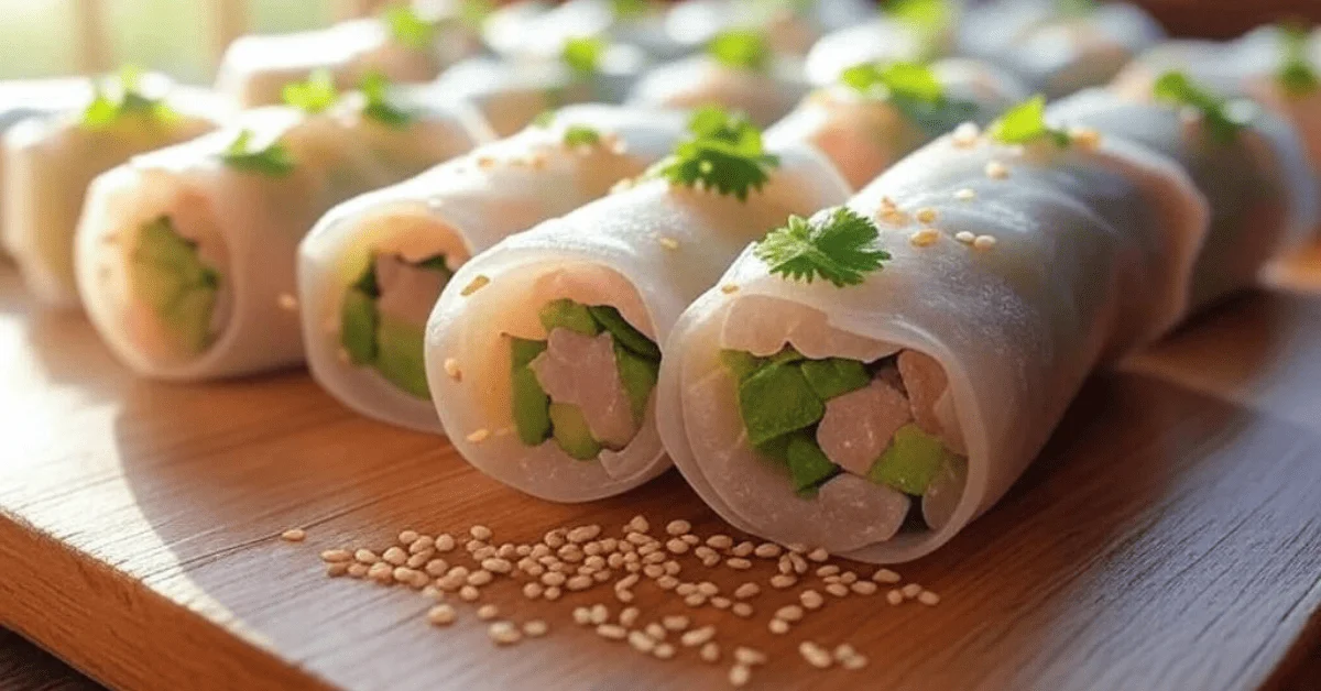 Harumaki Spring Rolls filled with fresh vegetables and tender meat, topped with sesame seeds and coriander, served on a wooden board.