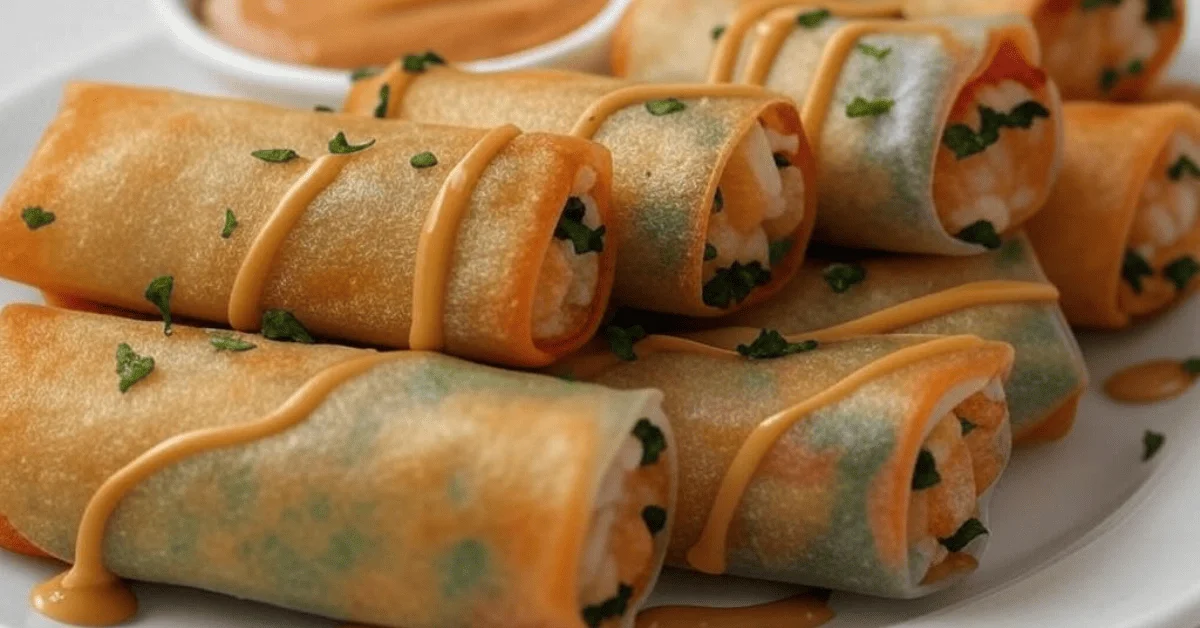 Shrimp spring rolls are covered in transparent rice paper, fresh veggies, and non-fried rolls