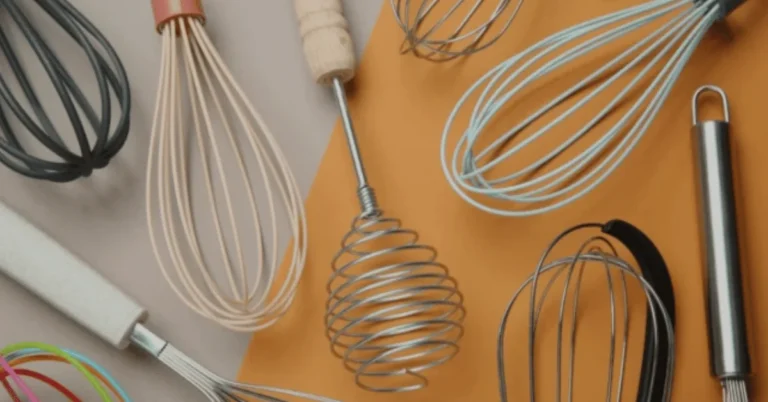 Whisks collection featuring various types and colors on a beige and orange background.