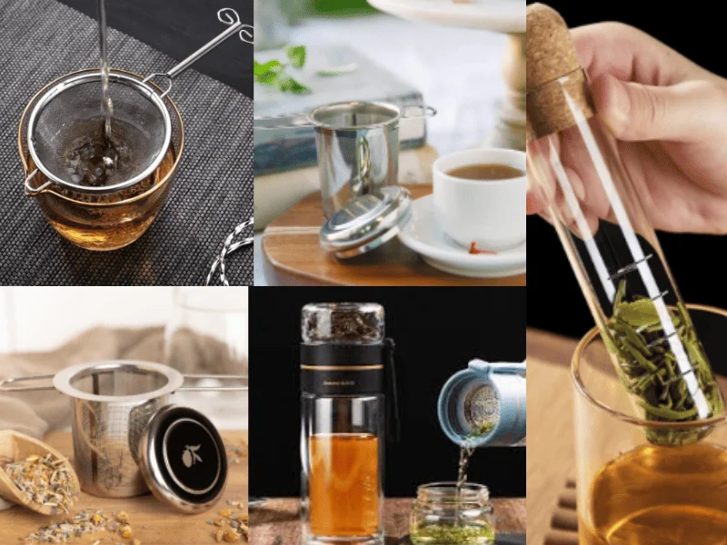 Tea infuser types including metal strainers, infuser mugs, bottles, and glass tubes for brewing loose leaf tea