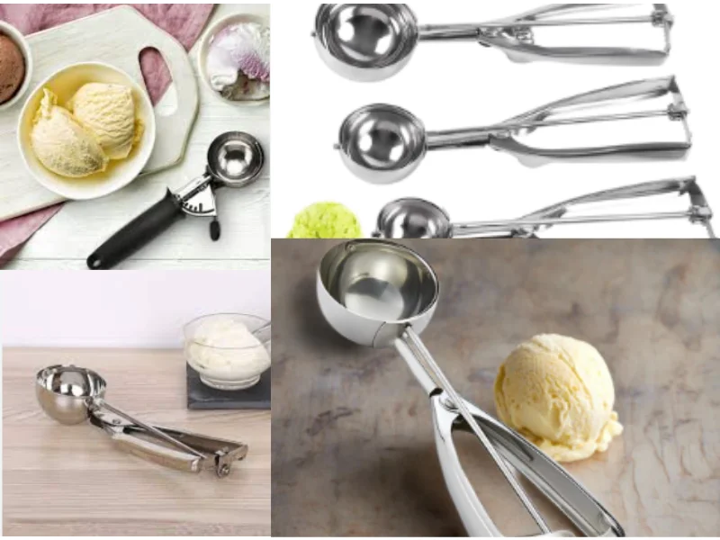 Ice cream scoop varieties displayed with vanilla ice cream in bowls and on different surfaces.